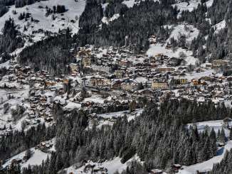 Aerial view of the village of Wengen in winter