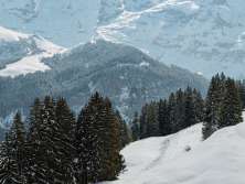 Vue d'en haut, on admire le paysage enneigé qui borde la ligne BLM entre Grütschalp et Mürren. La ligne ferroviaire traverse des pentes blanches, longeant ici et là des chalets isolés et des sapins, avec une vue imprenable sur les sommets environnants.