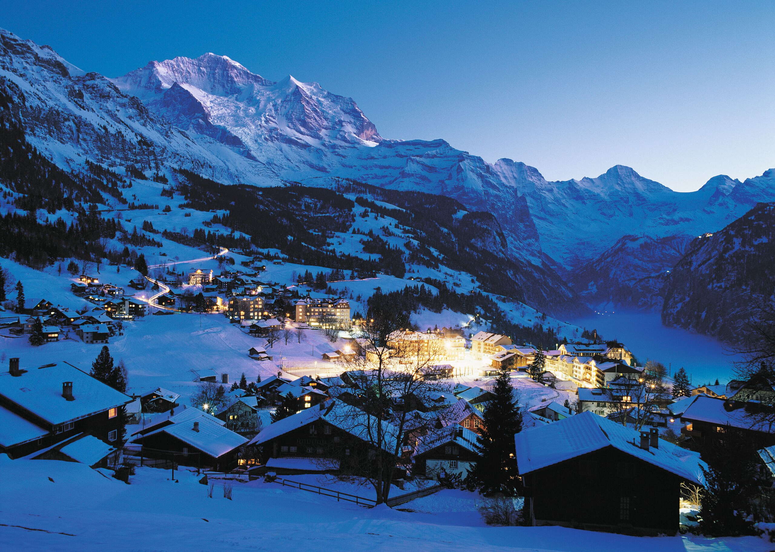 Wengen village at night in winter