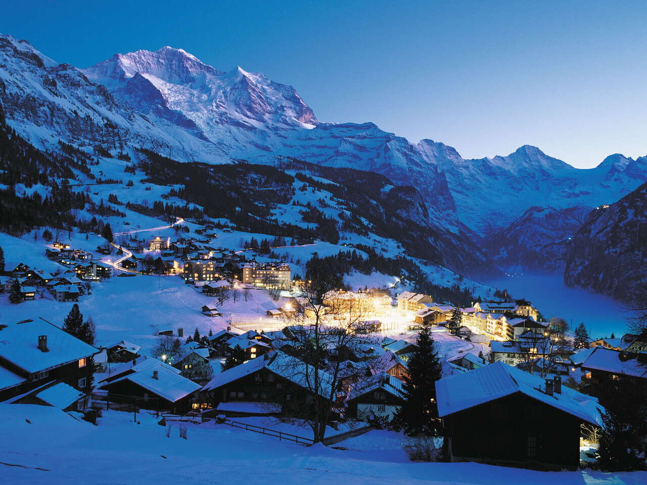 Wengen village at night in winter